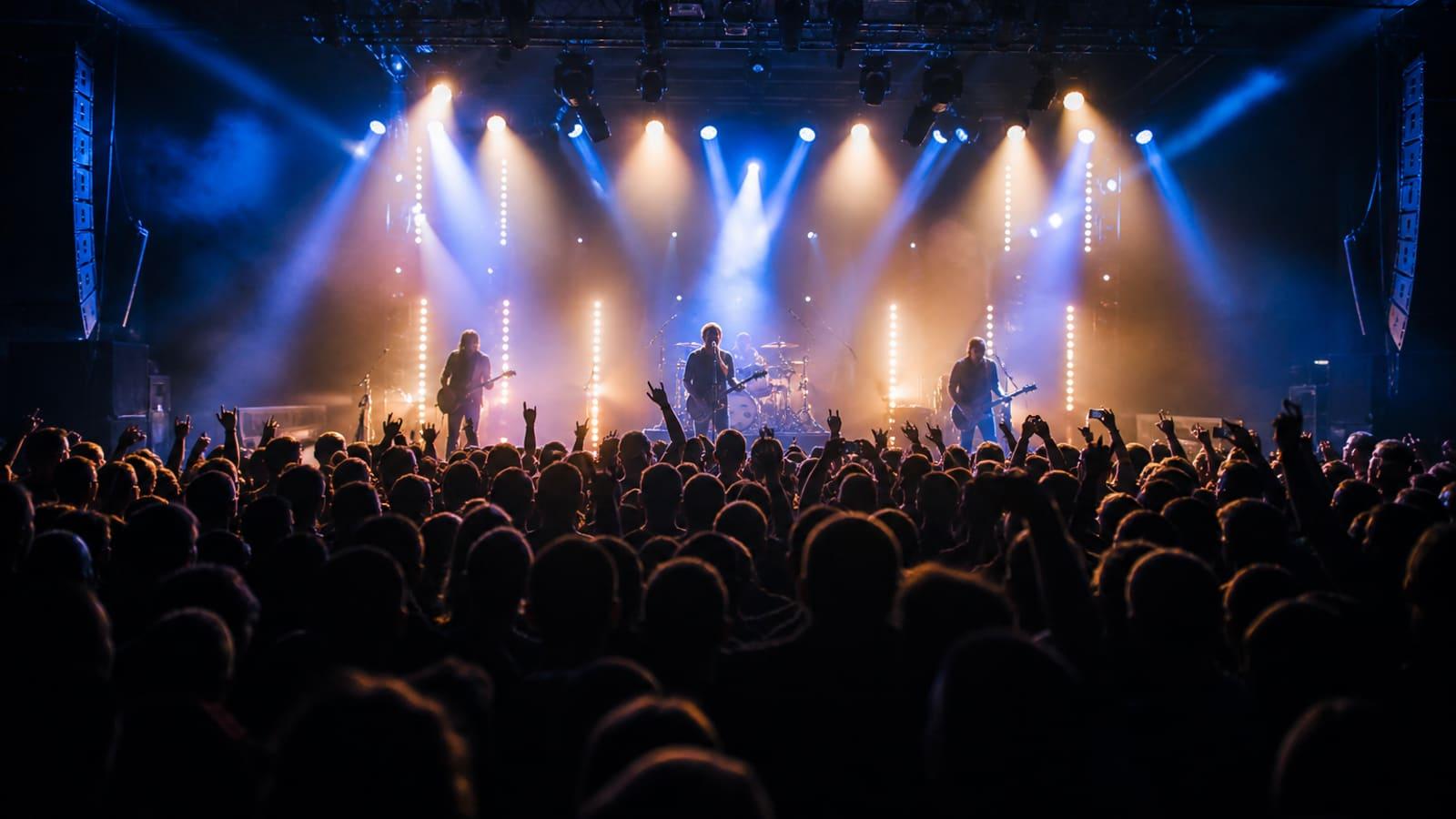 Live concert crowd facing a lit stage