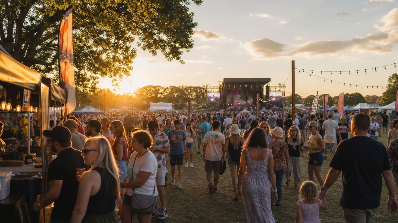 Outdoor festival field at sunset