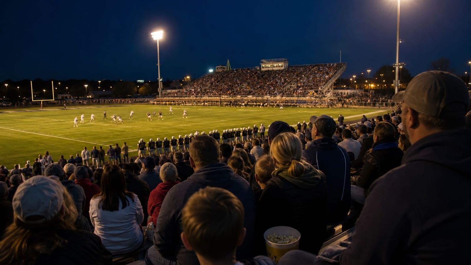 Fans in the stands at a night football game